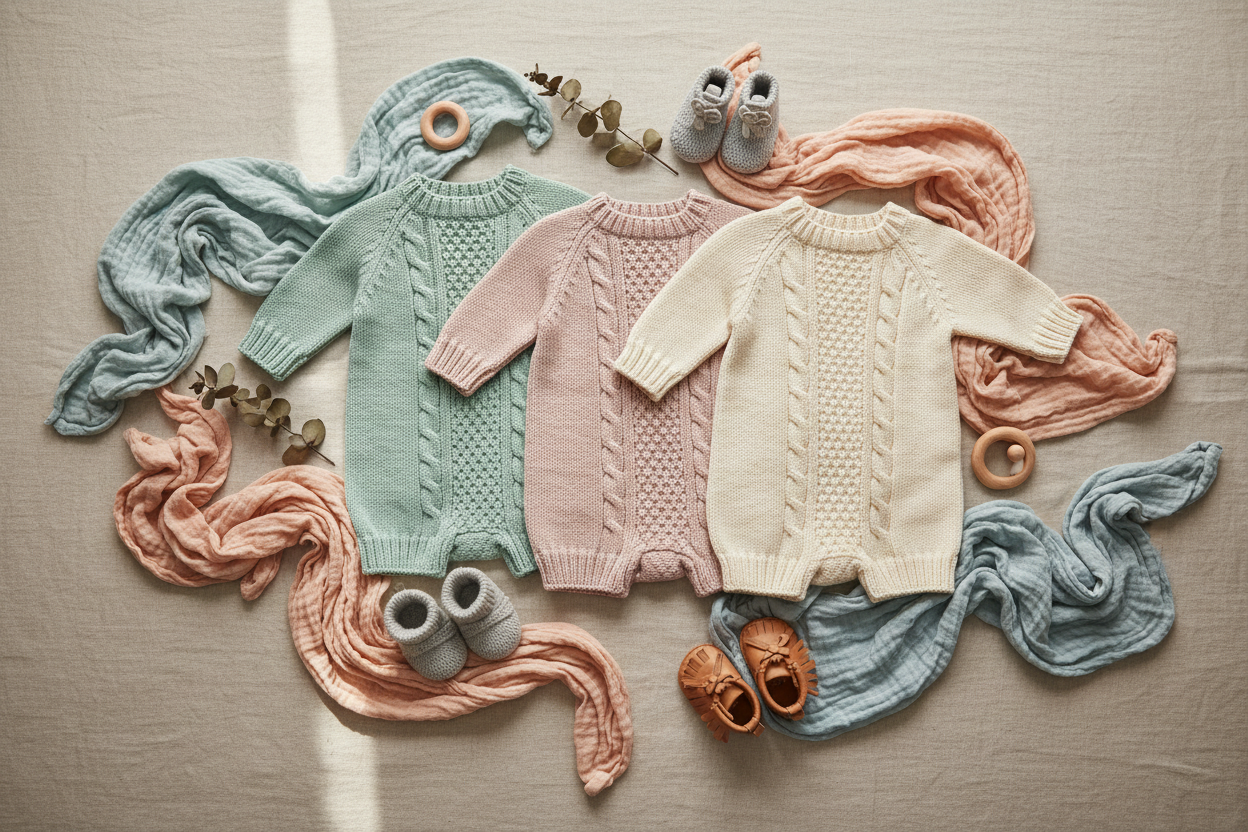 A beautiful flat-lay of BabieStock's soft knitted rompers, cozy baby shoes, and organic muslin blankets arranged artistically on a neutral textured background with gentle natural lighting.