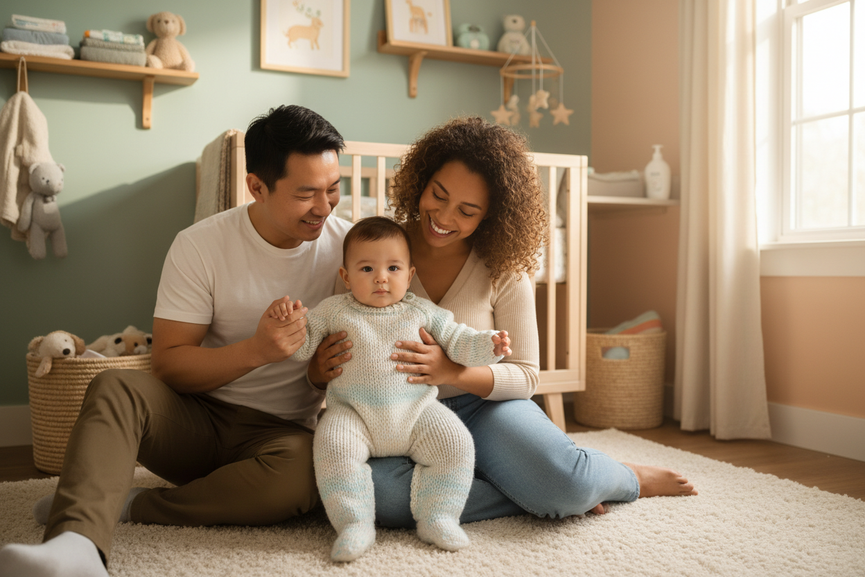 A happy diverse family with a baby wearing a soft knitted romper, sitting together in a warm, sunlit nursery with BabieStock products naturally placed around them.