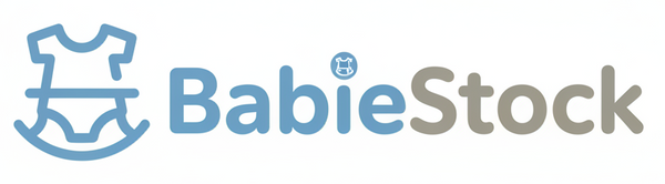 A modern, minimalist logo for 'BabieStock' featuring a soft abstract baby onesie or rocking cradle icon combined with clean, rounded typography in gentle baby blue and warm gray colors